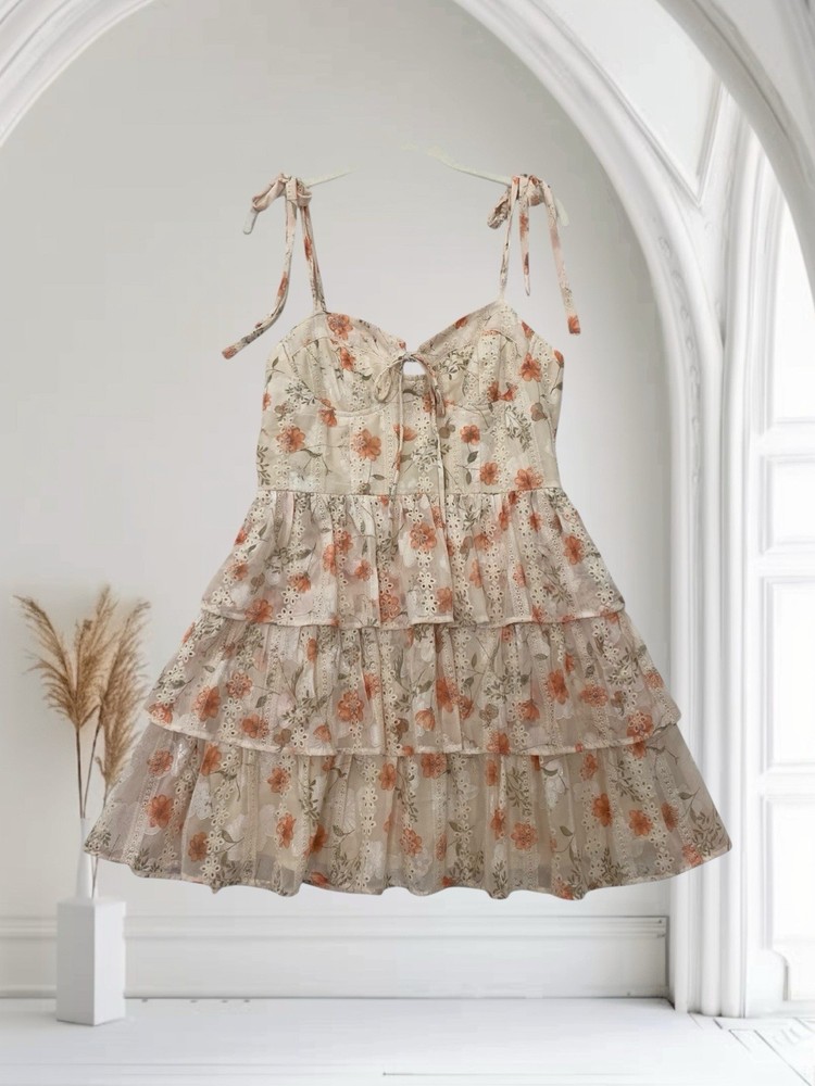 Storia Women’s Floral Embroidered Mini Dress Size Large Tiered Fairy Coquette