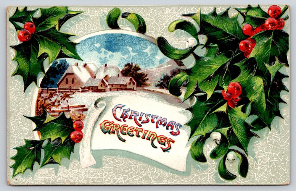Holiday~Holly & Homes In Circle Christmas Greeting~Vintage Postcard