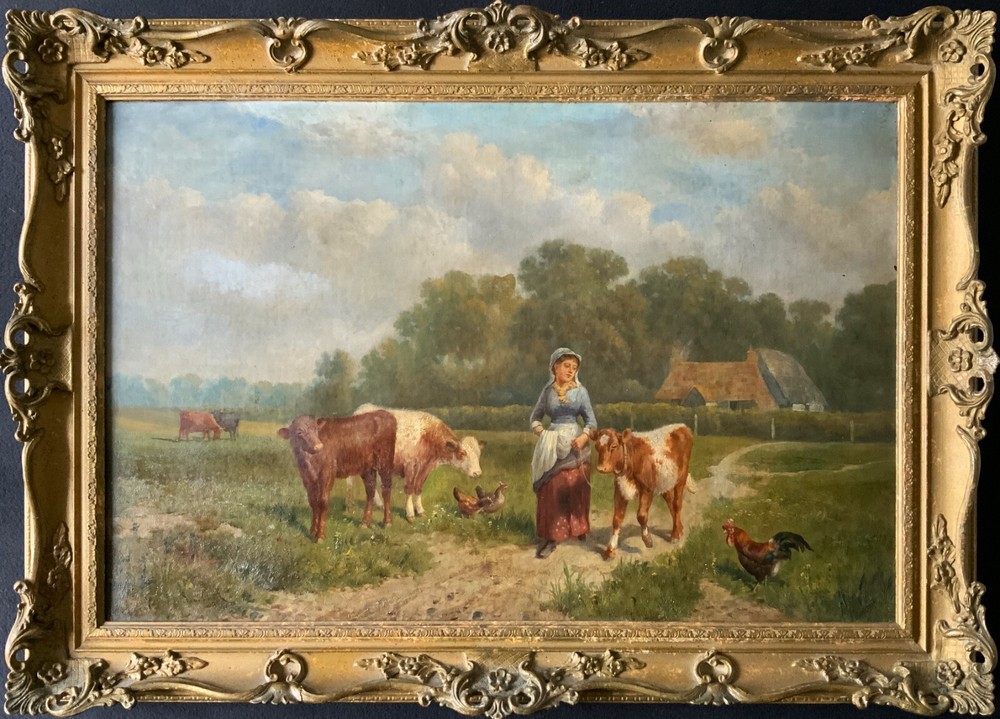 Samuel Joseph Clark (1834-1912) c19th DAIRY FARM CATTLE LANDSCAPE OIL PAINTING