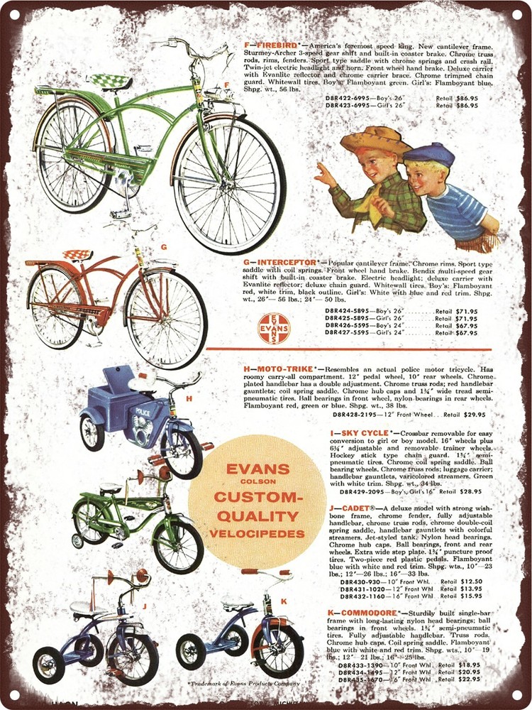 1958 Evans Colson Pedal Car Moto Trike Firebird Bike Metal Sign 9x12