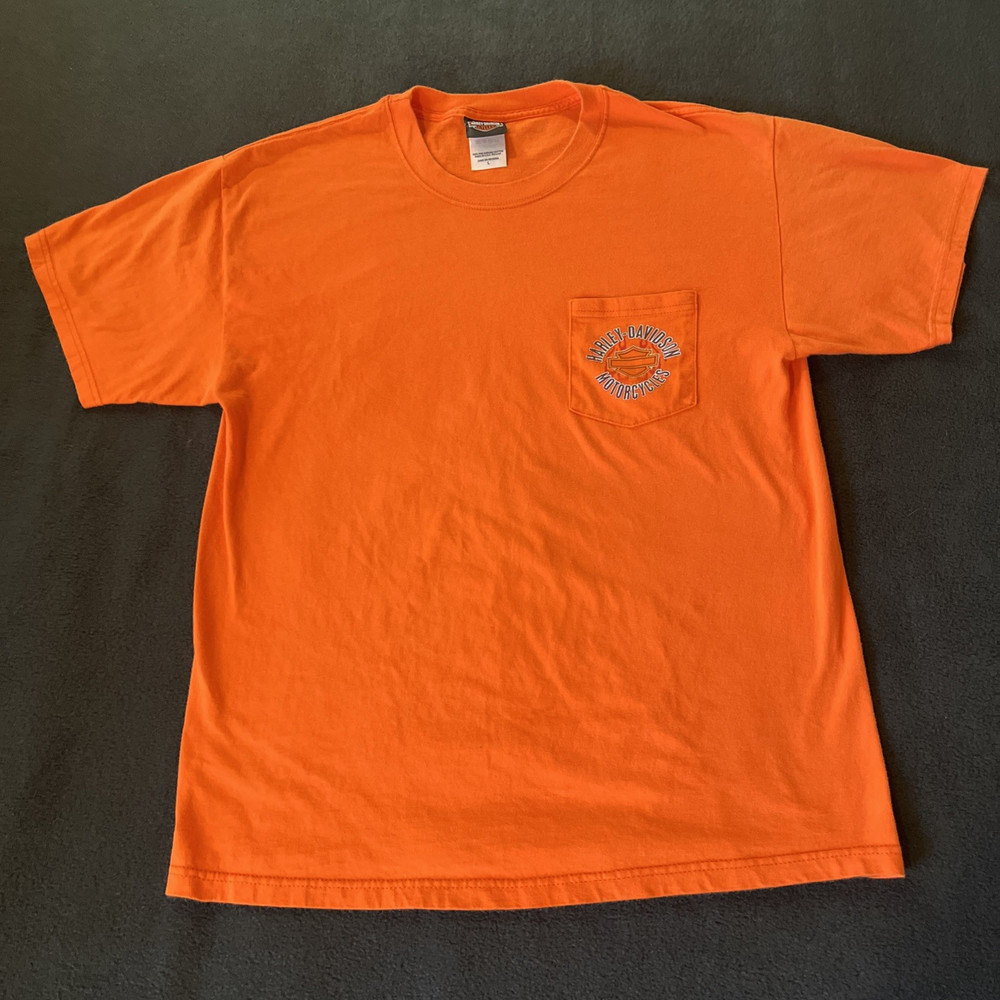 Harley Davidson Orange Pocket Men's T Shirt L Lake of the Ozarks HD USA (FLAW)