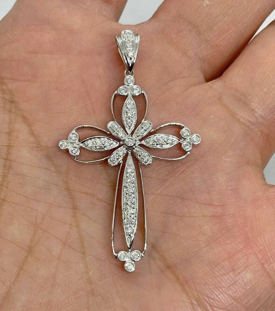 2Ct Round Lab-Created Diamond Cross Pendant in 14K White Gold with Free Chain