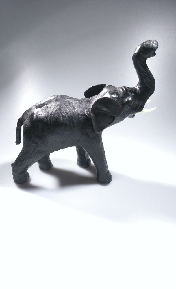 Vintage Elephant Black Leather Wrapped Trunk Up Sculpture Statue