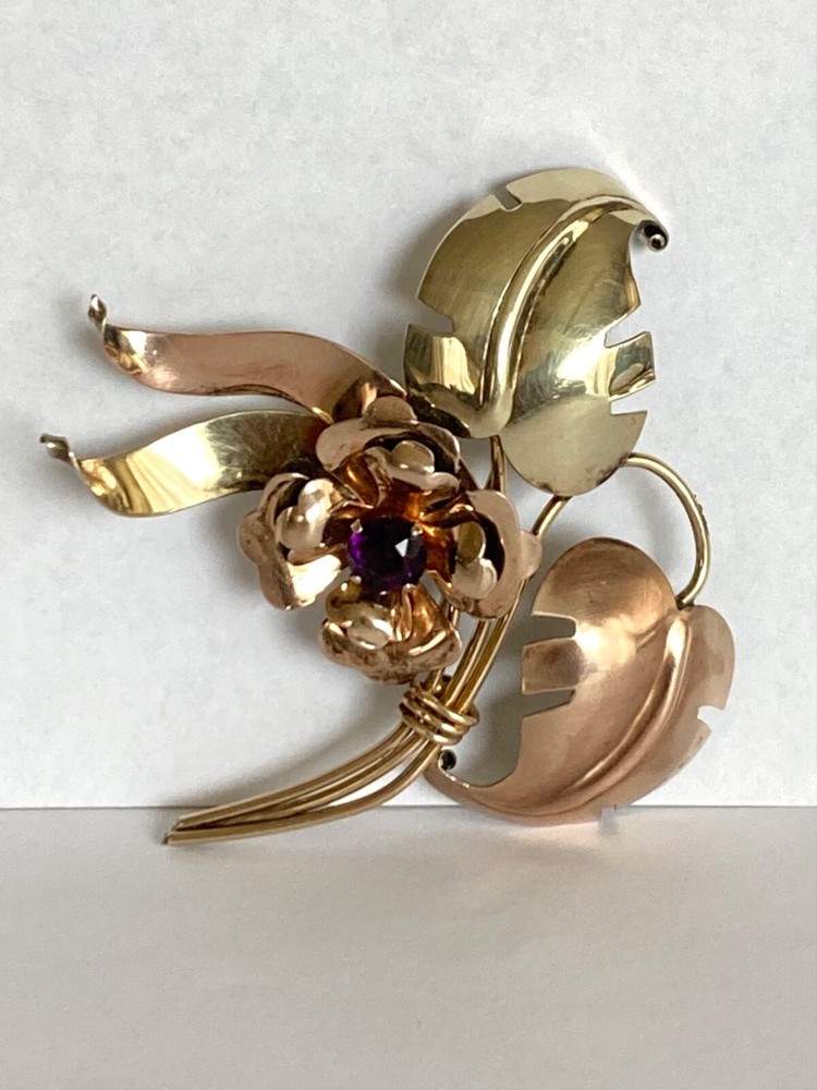 Vintage Harry Iskin 1/20 10k Gold Filled Flower Brooch Purple Glass Stone