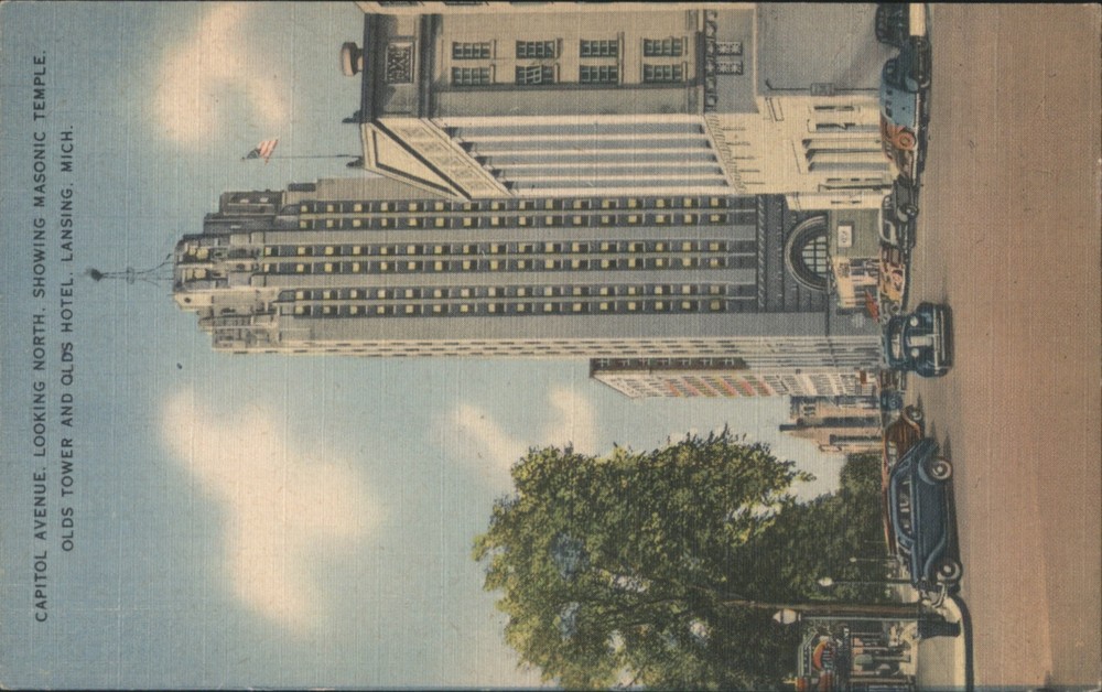 Lansing, Michigan MI Capitol Avenue, Masonic Temple, Olds Tower & Hotel Postcard