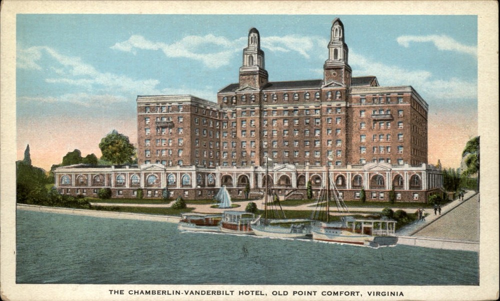 Old Point Comfort Virginia ~ Chamberlain Vanderbilt Hotel ~ boats ~ postcard