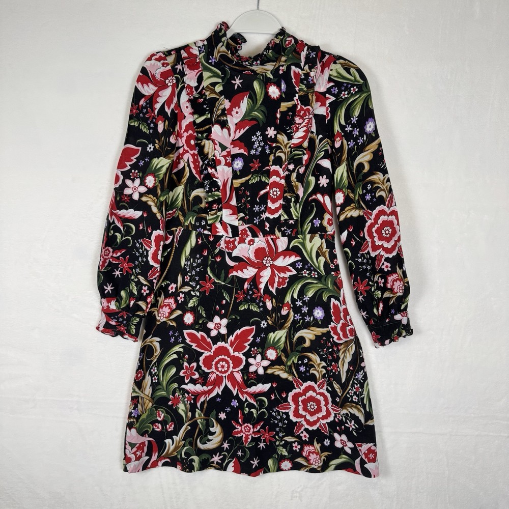 Zara Ruffled Floral Mini Dress Lace Black Red S Summer 7938/851/800 NWOT