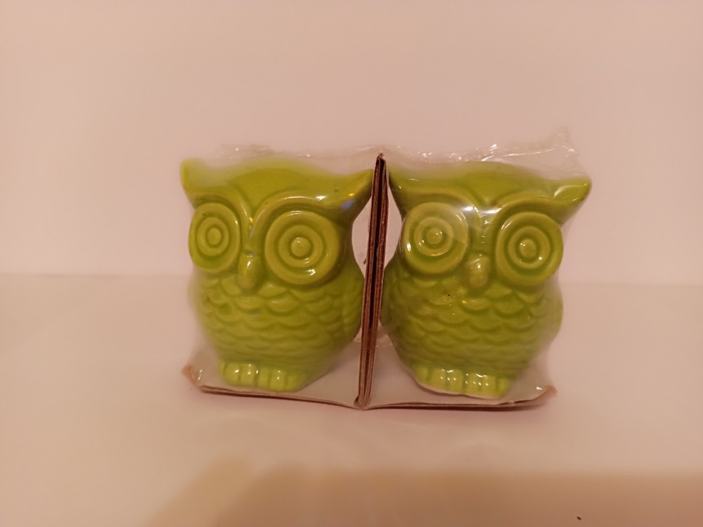 Vintage Green Glass Owl Salt and Pepper Shaker Set  