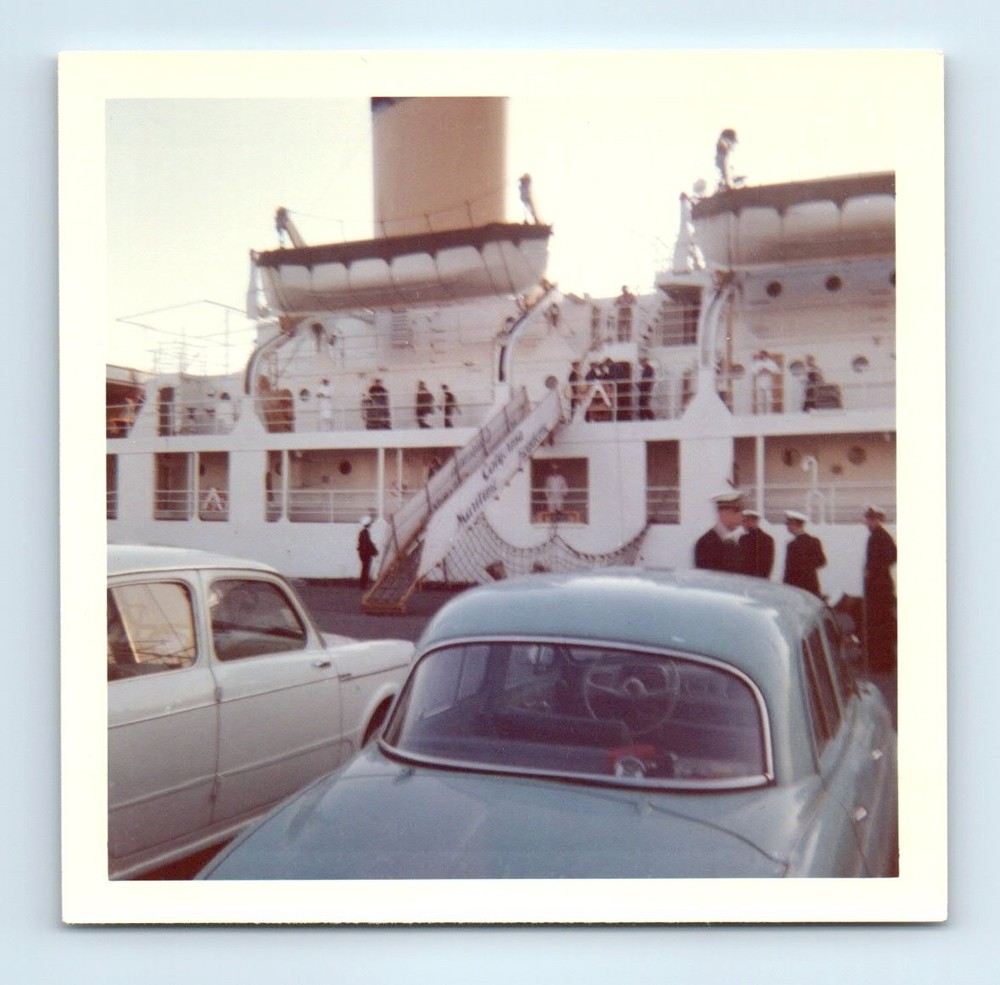 Old Vintage Square Color Photo CRUISE SHIP CLASSIC CARS MEN CREW SNAPSHOT PIC
