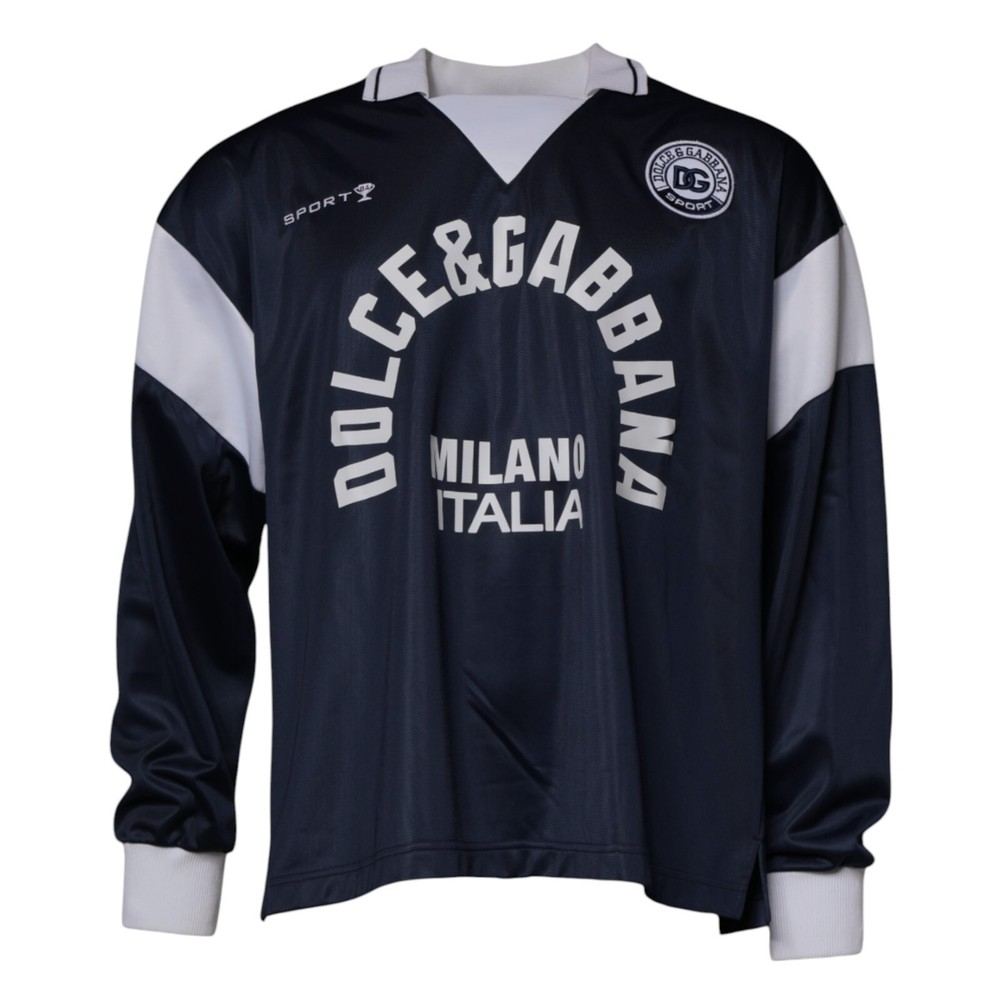 DOLCE & GABBANA Sweater Blue Logo Jersey Collared Pullover IT48/US38/M 1050usd