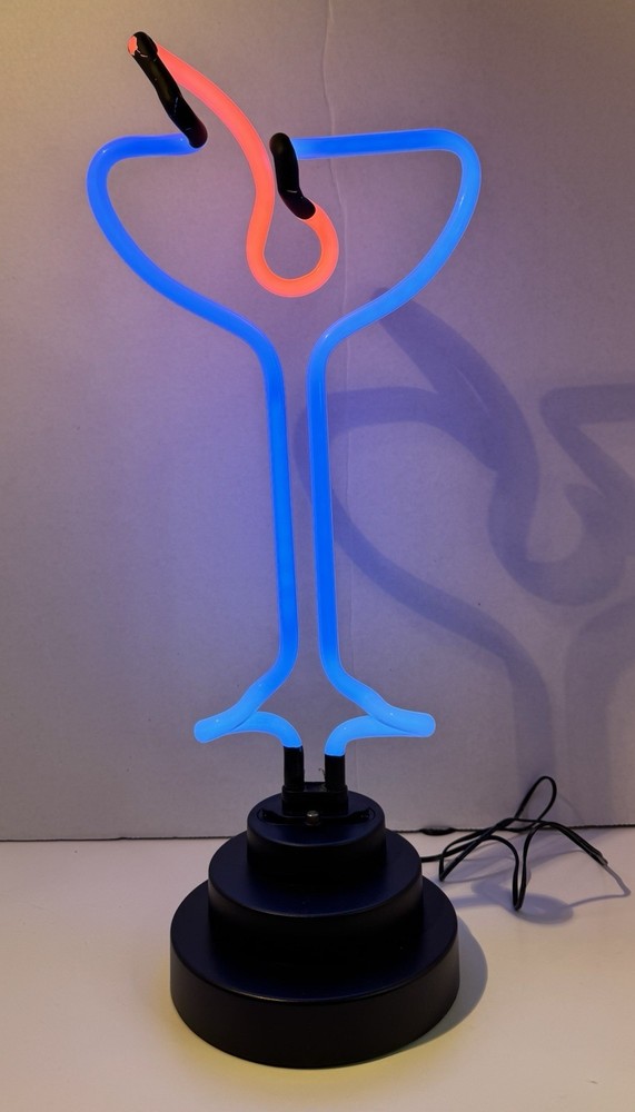 Martini Glass & Olive Neon Blue & Red Sign Table Lamp Light Bar Cocktail 17.5”