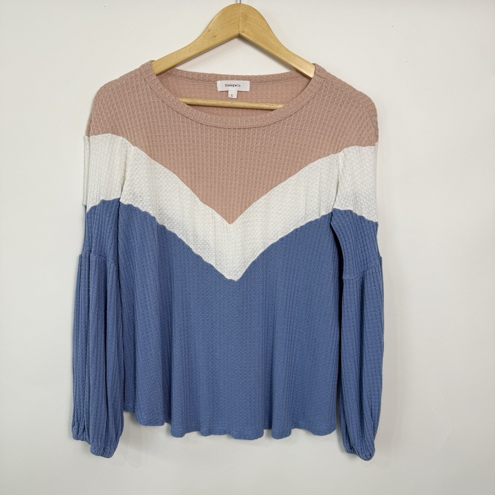 Hailey & Co Waffle Knit Top Womens Size L Colorblock Balloon Sleeves Boho Casual