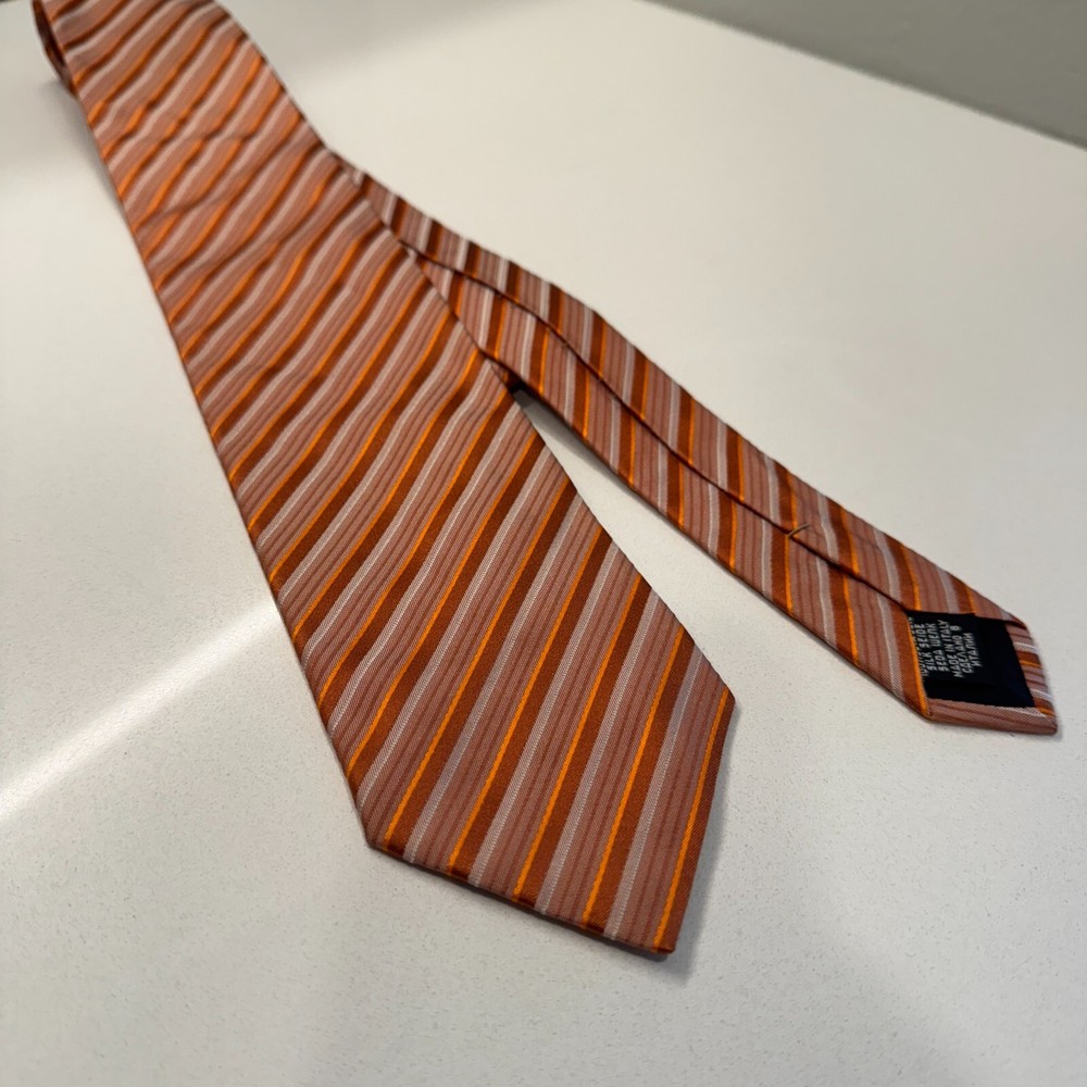 Hugo Boss Tie Orange Striped Necktie Mens 100% Silk Texture Made in Italy