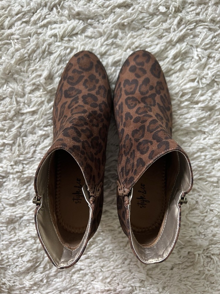 Style & Co 7.5M Faux Suede Block Heel Booties Brown Leopard Cheetah AnimalPrint