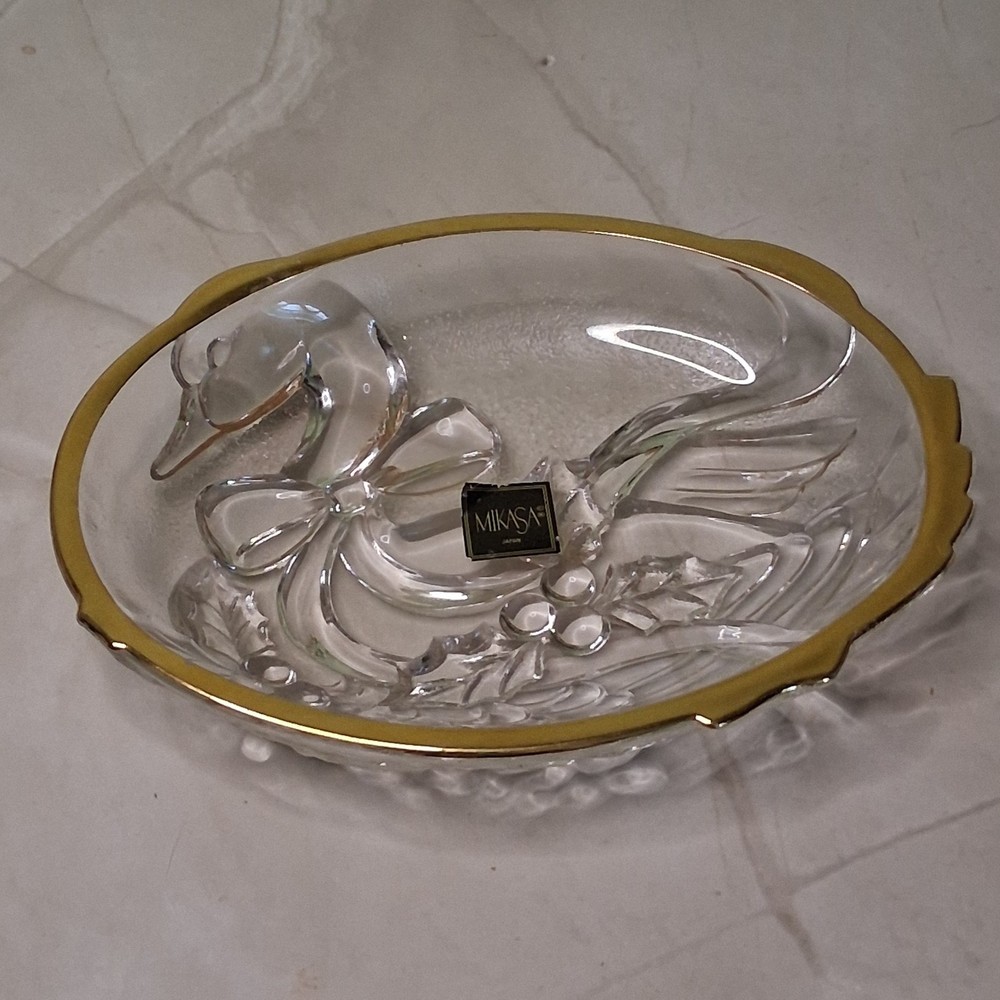Mikasa Crystal Holiday Dish Clear Swan Holly Bow Gold Rim Trinket Tray Vintage
