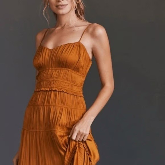 NEW Anthropologie Ruched Tiered Sleeveless Midi Slip Dress Bronze Size 6