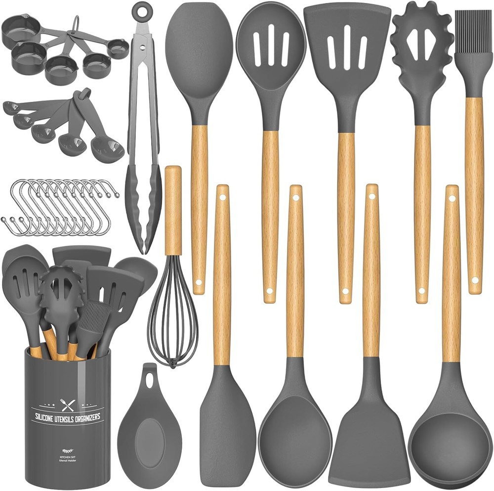 Kitchen Cooking Utensils Set, 33 pcs Non-stick Silicone Spatula Set with Holder,