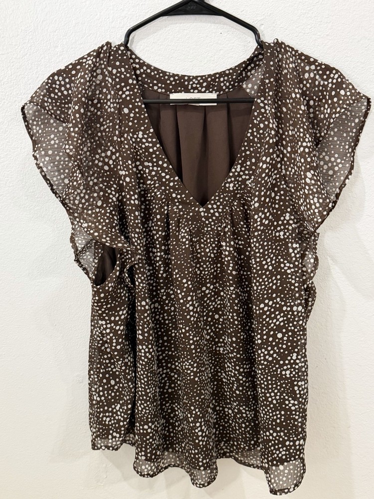 LOFT Women’s XL Brown White Polka Dot Flutter Sleeve V-Neck Blouse Top