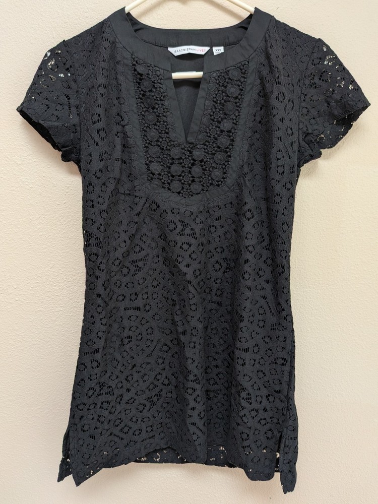 Isaac Mizrahi Live Tunic Top Womens XXS Short Sleeve Mixed Lace Lined Black