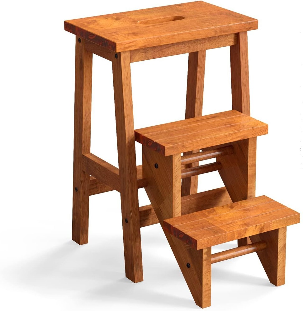 Giantex Folding Triple Step Ladder, Wooden Step Stool (Coffee)
