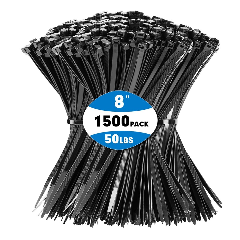 1500pcs 8-Inch Heavy Duty Black Nylon Zip Ties Self-Locking Cable Ties