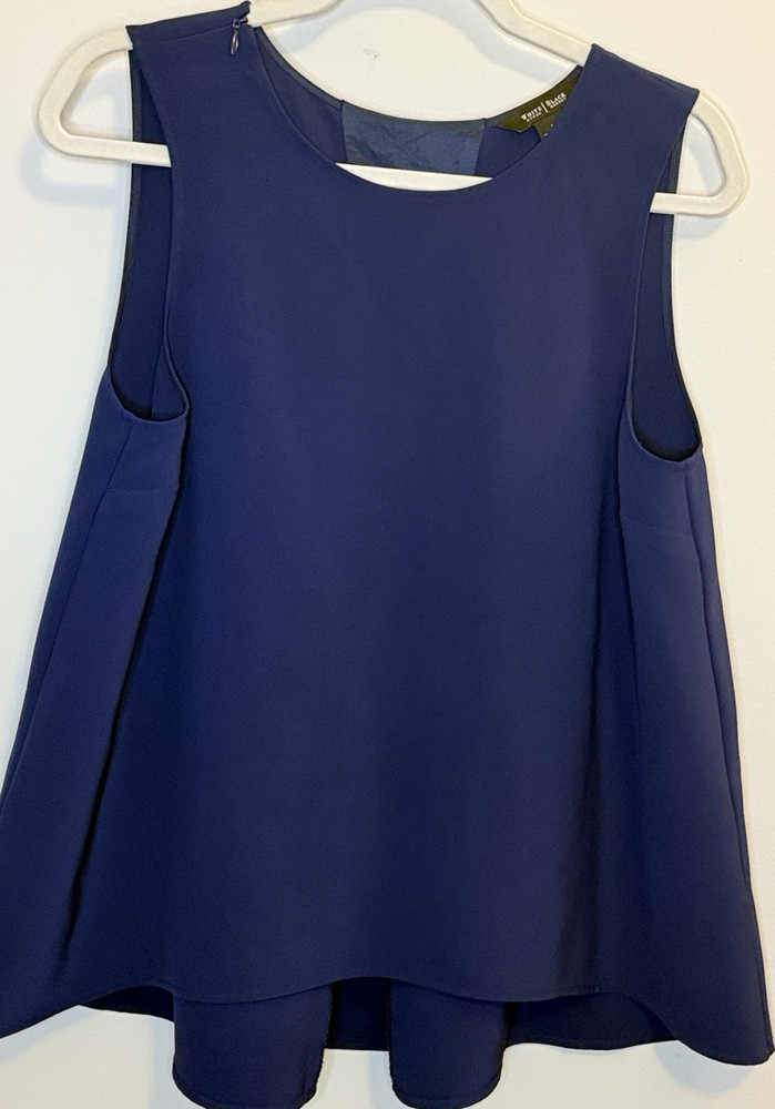 White House Black Market Blue Sleeveless Pleated Round Neck Knit Blouse Size L