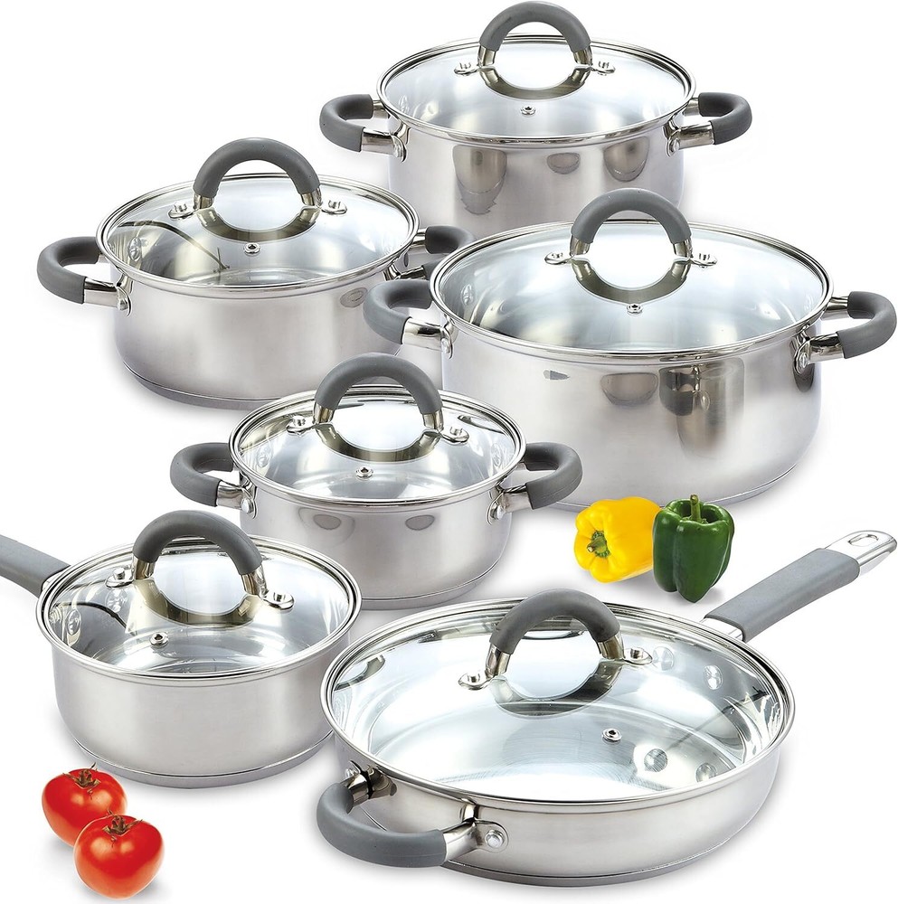 12-Piece Stainless Steel Cookware Set, Pots & Pans with Grey Silicone Handles...