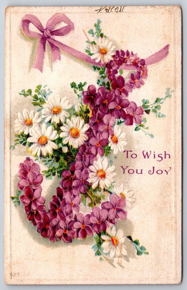 Greetings~Purple Violets Anchor White Flowers Wish You Joy~Vintage Postcard