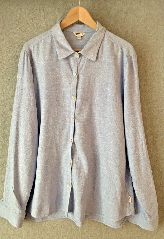 Orvis Womens Linen Blend Top Sz 2X XXL Blue Button Up Coastal Comfort Roll Tab