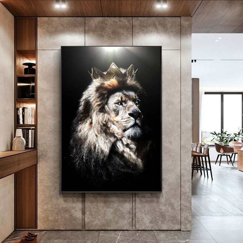 Modern Animal Art Lion Head With Crown Canvas Painting Wall Art Posters & Prints