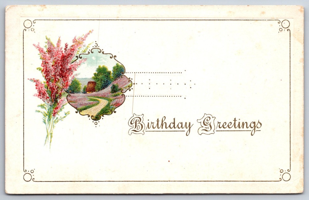Greetings~Flowering Path Red Flowers Birthday Greeting~Vintage Postcard