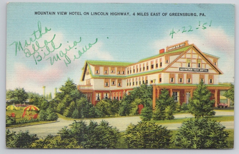 Vintage Mountain View Hotel Greensburg PA Lincoln Highway Linen Postcard 1951