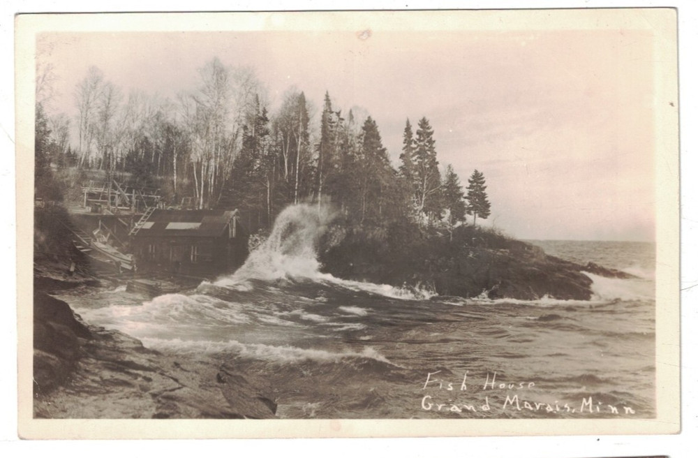 Antique 1940 Rppc Real Photo Fish House Grand Marais Minnesota Big Waves