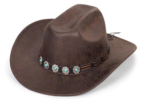 Men Women Classic Western Cowboy Cowgirl Hats with Metal Bull Medium Coffee