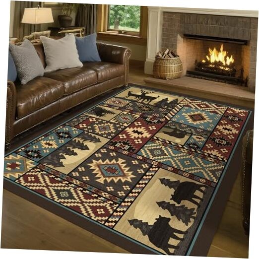 Rustic Cabin Area Rug 5x7: Bear Western Decor Brown Animal Carpet for Living
