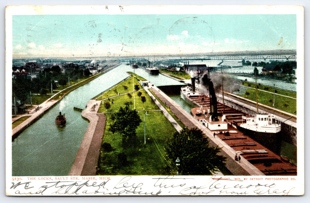 Vintage Postcard The Soo Locks Ship Boat Bridge Lakes Sault Ste Marie Michigan