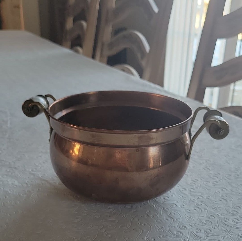 VTG COPPER POT PLANTER JARDINIERE BLUE WHITE DELFTS PORCELAIN HANDLES HOLLAND