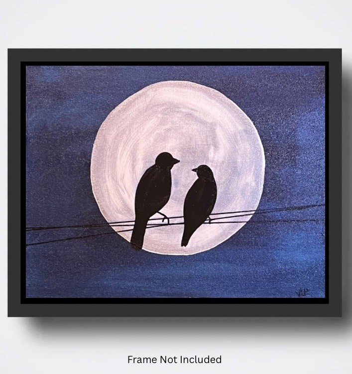 Original Expressionism 11x14” Canvas Panel Night Birds Full Moon Acrylic VLP Art