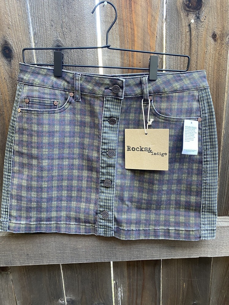 Rocks And Indigo Denim Y2K Plaid Patchwork Skirt Size 10/29, NWT Dark Academia