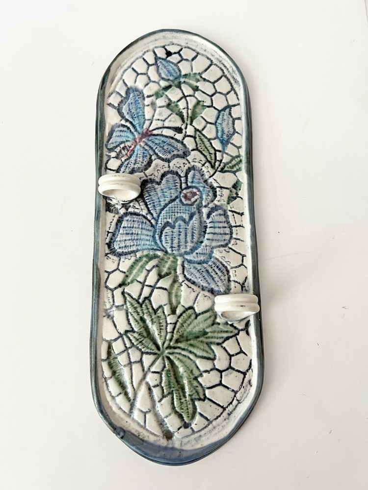 VTG Art Pottery Wall Pocket Blue Floral and  Butterfly Signed Carolyn 1985