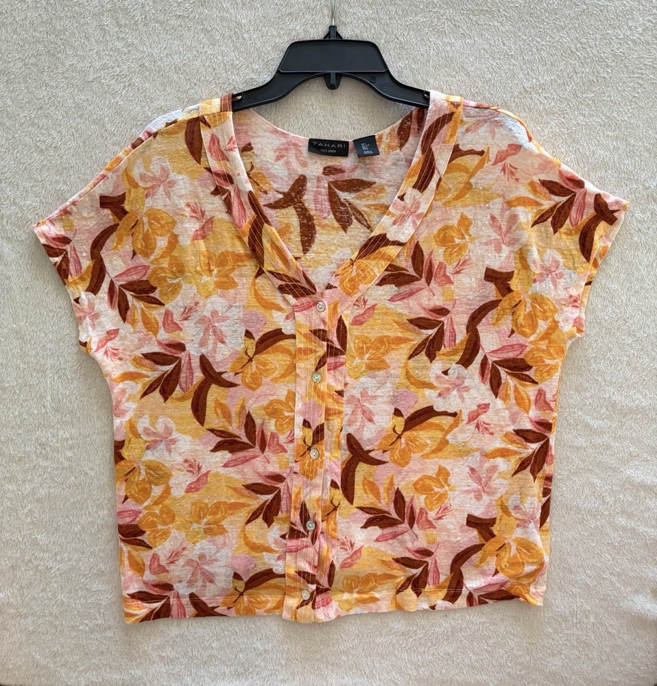Tahari Women's Size L Mustard Floral 100% Linen Short Sleeve Casual T-Shirt Top