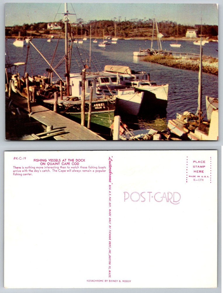 Vintage Cape Cod Fishing Boats Dock Lusterchrome Postcard Tichnor Bros