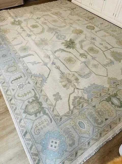Hand Knotted Oushak Wool Area Rug Soft Green Pastel Floral Turkish Design carpet