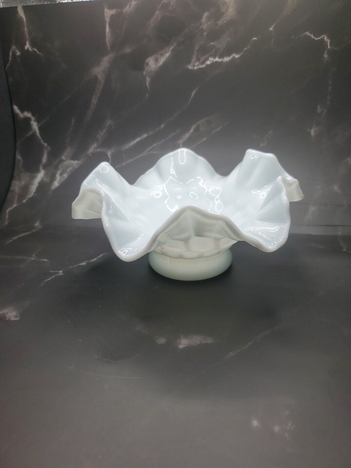 Vintage Fenton White Milk Glass Ruffled Thumbprint Bowl Candy Nut Dish  