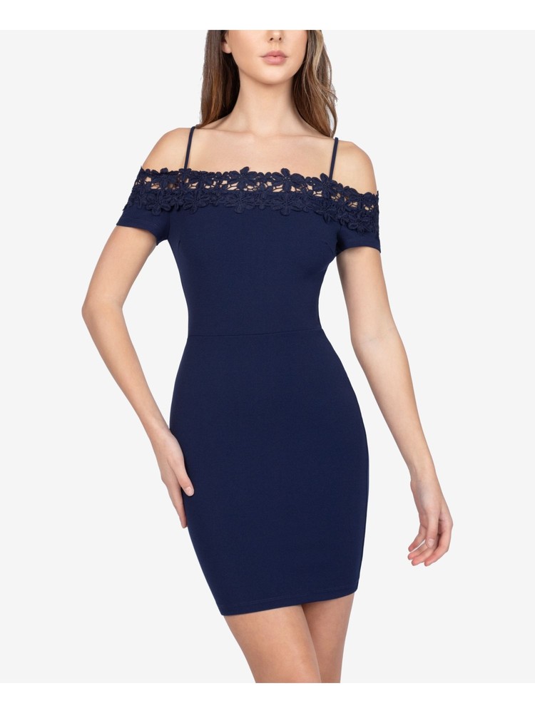 B DARLIN Womens Navy Trim Short Sleeve Short Party Body Con Dress 0