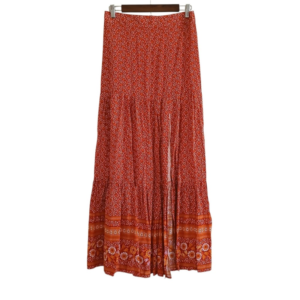 INDIGO ROSE Boho Chic Maxi Prairie Skirt Women’s M Red Ditsy Floral Tiered Slit