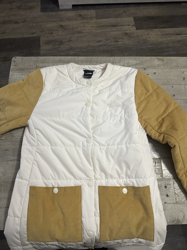 The North Face Collarless White Puffer Jacket Women’s S Corduroy Sleeves Pockets
