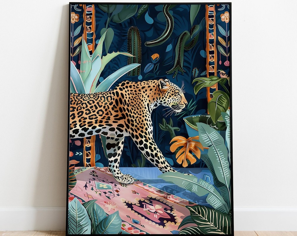 Leopard In Forest Painting Boho Maximalist Art Blue Home Decor Big Cat Wall Art