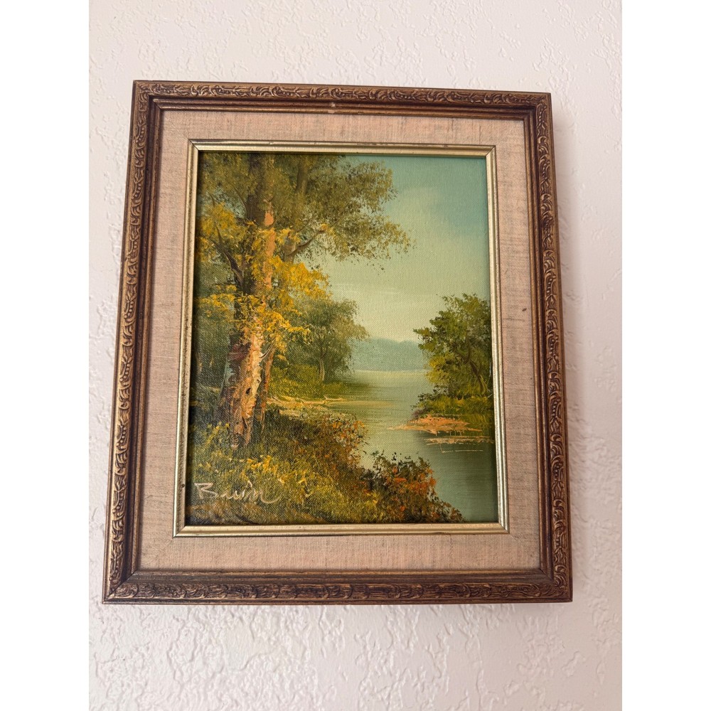 MCM Oil Painting Vintage Signed Baum Landscape Gold Frame 11x13