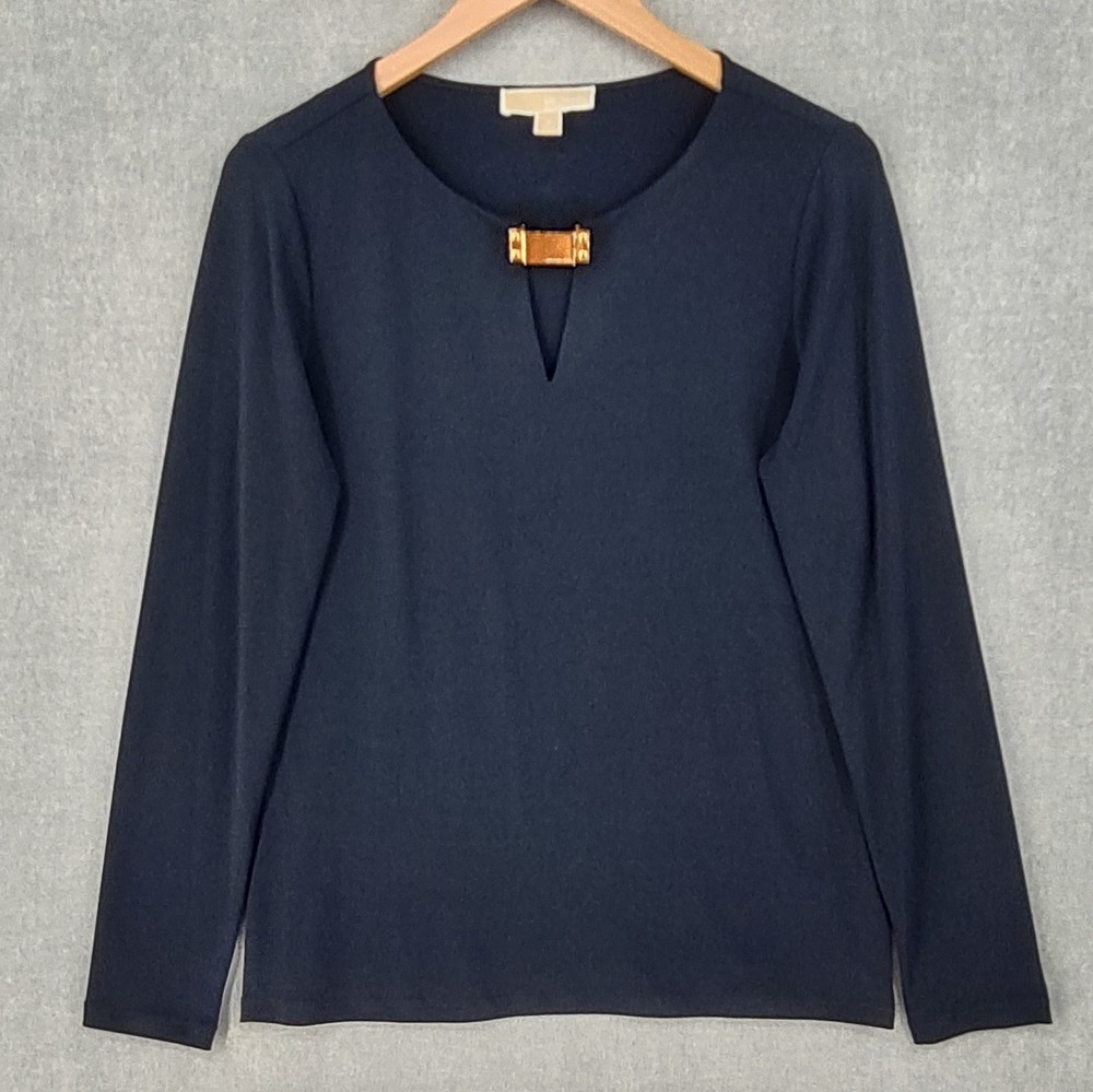Michael Kors Shirt Womens Medium Long Sleeve Gold Bar Detail Pullover Top